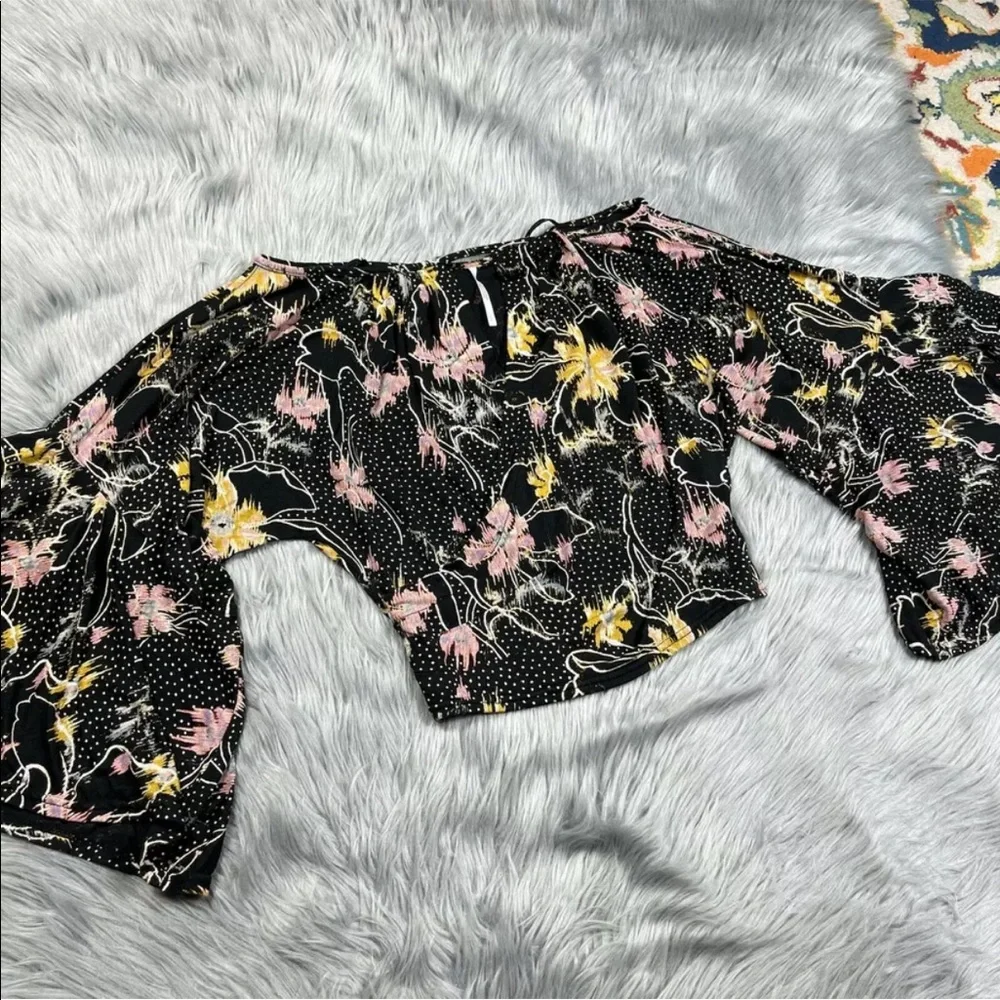 Free People One Last Time Black Floral Draped Bell Sleeve Top Size Small